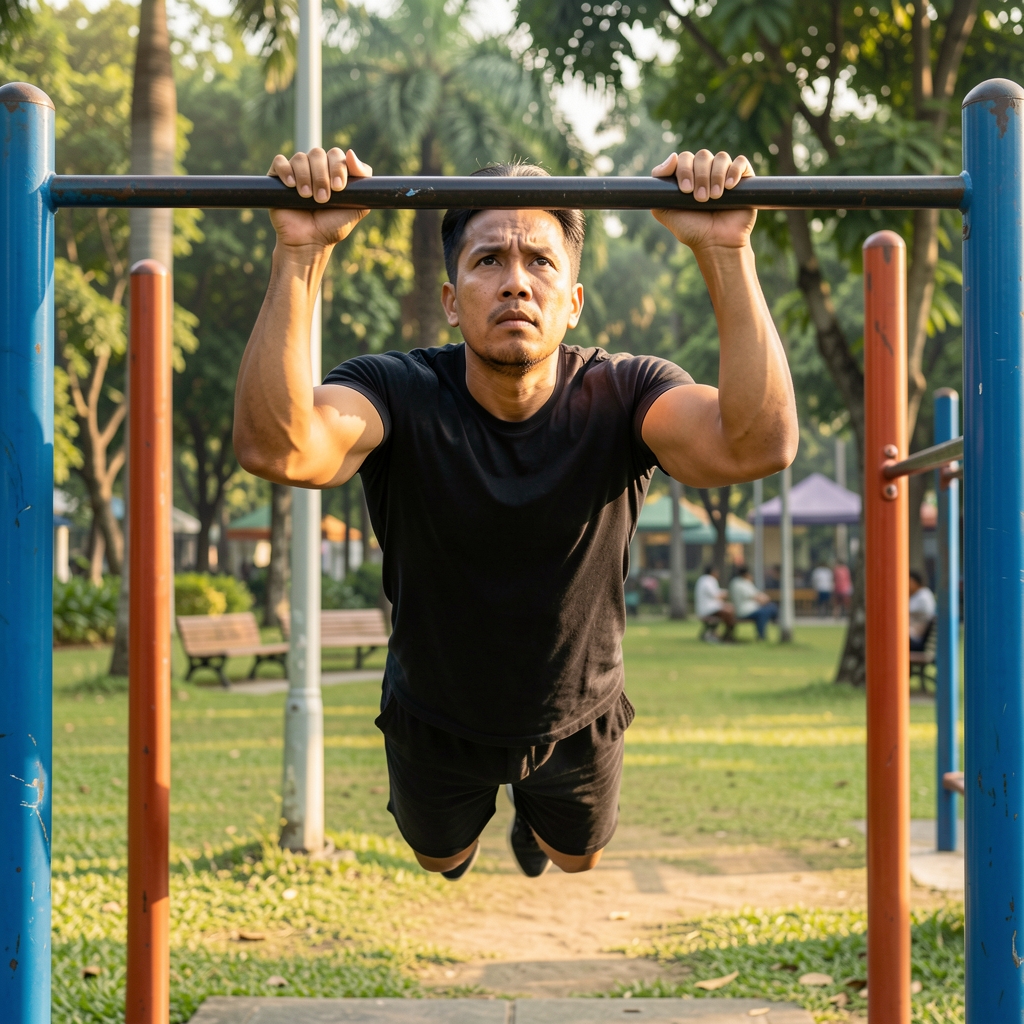 Man performing pull-ups on an outdoor bar in a Jakarta park, morning light, focused expression
