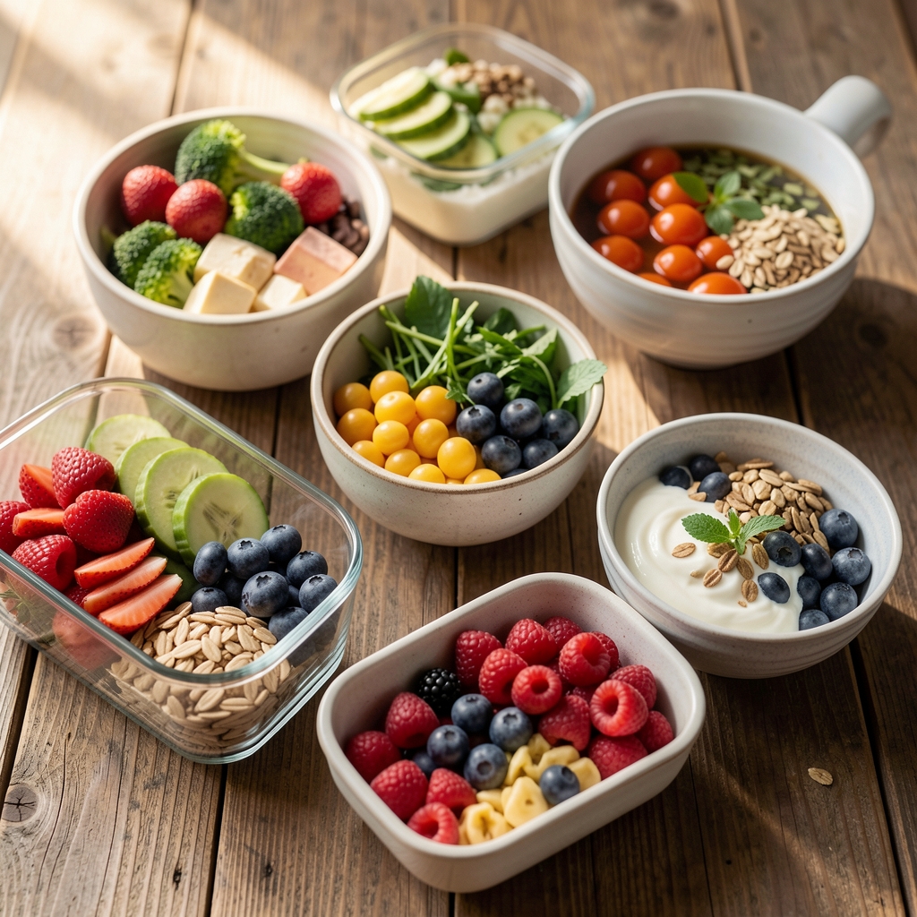 Close-up of a whole-food meal prep spread on a wooden surface, balanced portions visible, natural morning light
