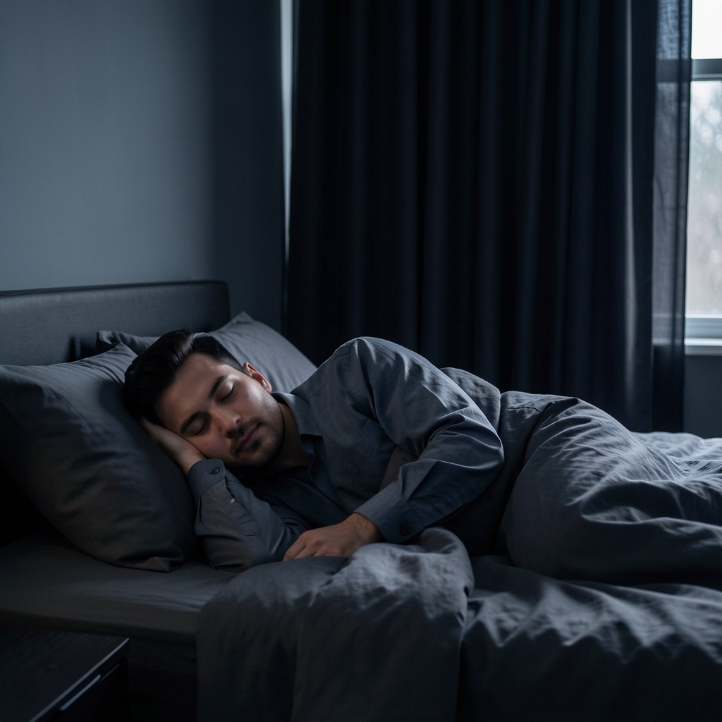 Man sleeping in a dark, cool bedroom with blackout curtains, focused on sleep environment quality