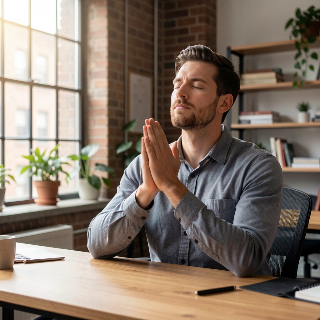 Man practising mindfulness breathing at a desk, eyes closed, calm urban workspace with natural light