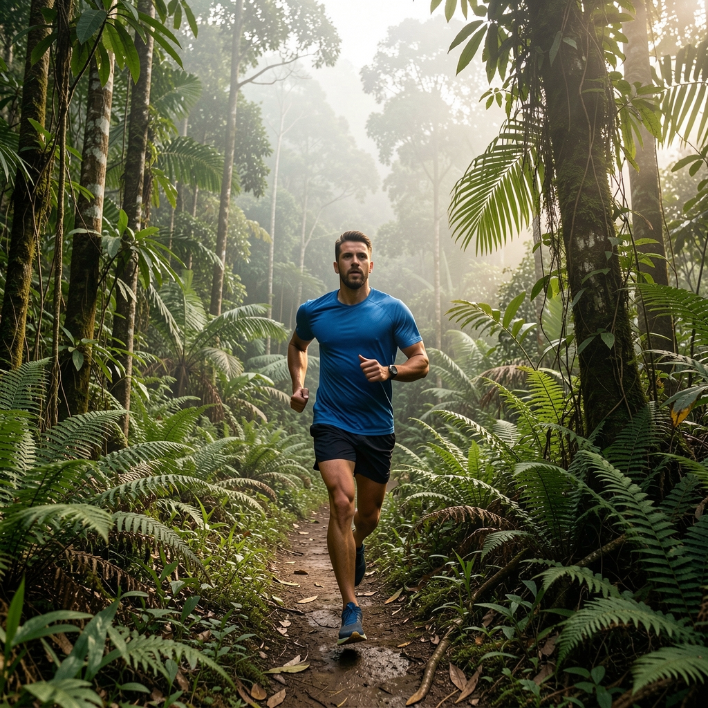 Man trail running on a mountain path in West Java, surrounded by dense tropical forest, early morning